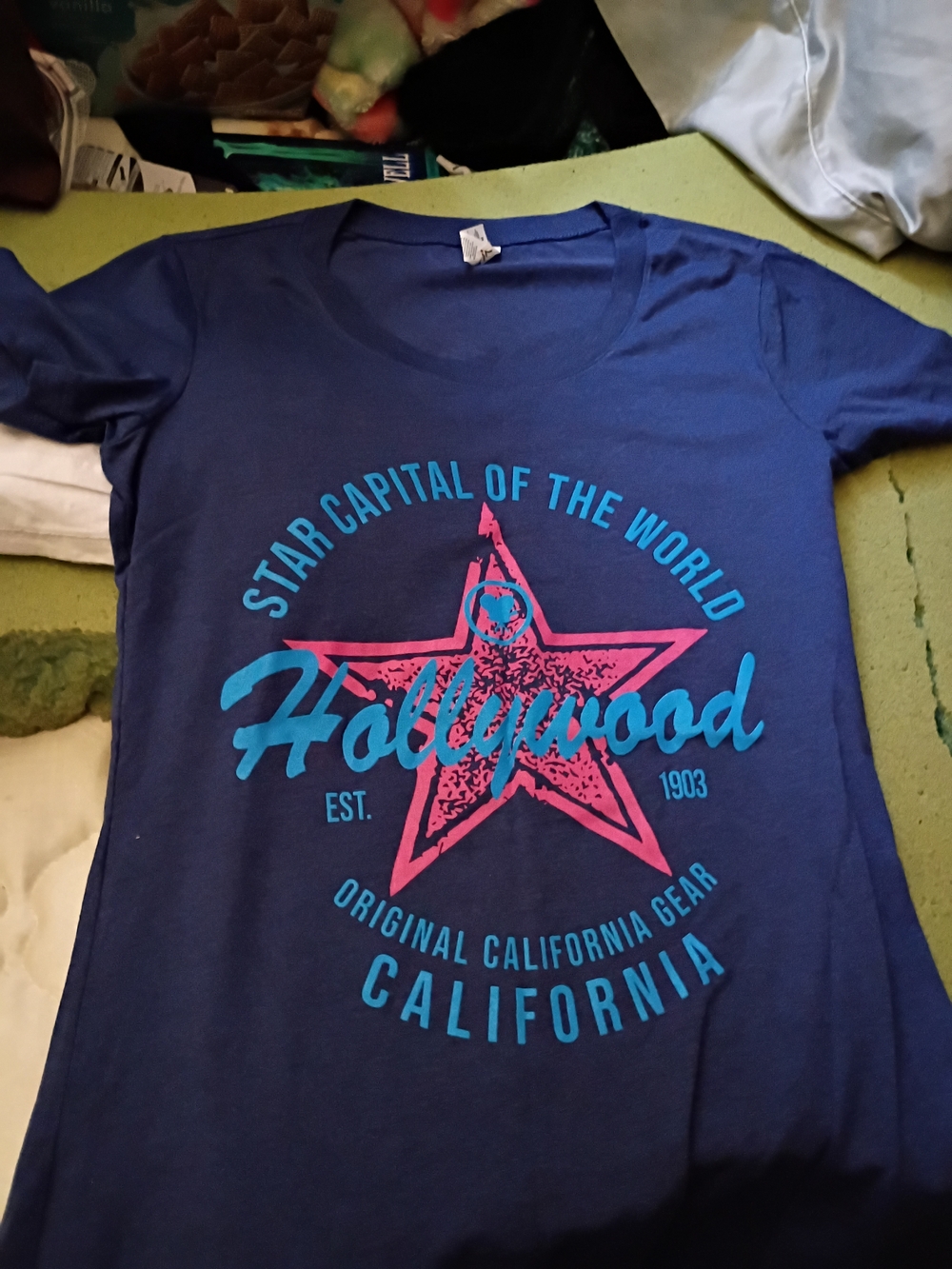 Hollywood Graphic Tee - Navy with Pink & Teal Print